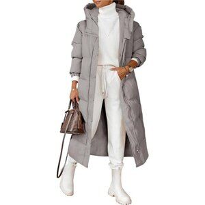 Women's Long Quilted Coat Winter Hooded Button Down Puffer Padded Jacket